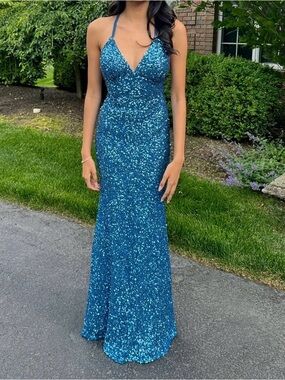 Turquoise Sequin Halter Evening Gown - Elegant Sparkle